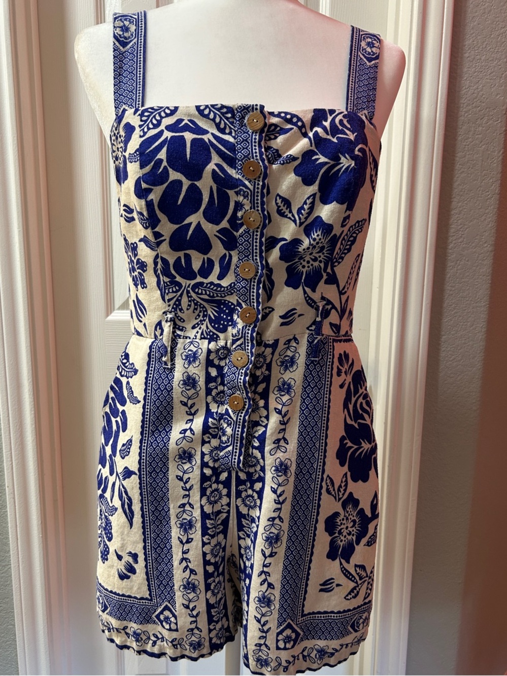 Rachel Zoe Cream Romper with Blue Floral Trim